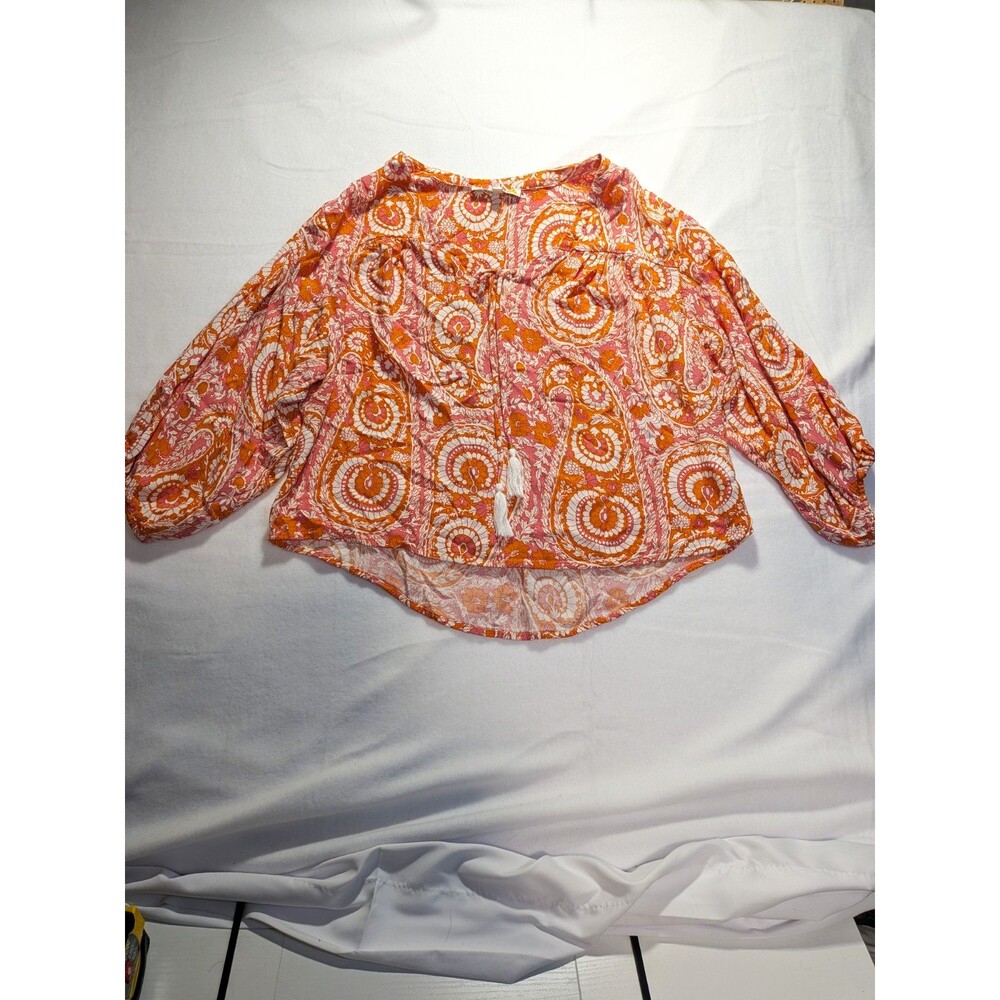 C&C California Women’s M Floral V-Neck 3/4 Sleeve Tie Tassel Blouse Orange